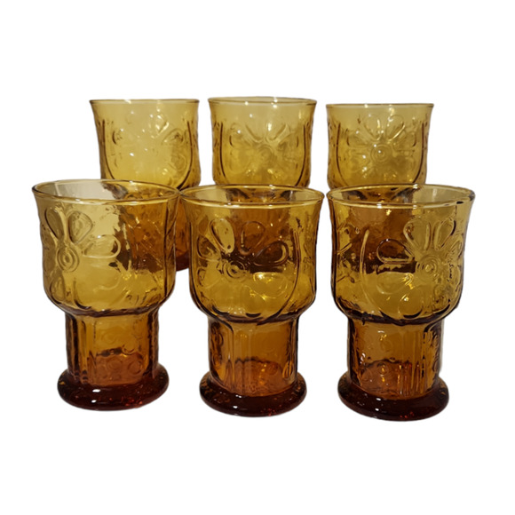 Vintage Libbey Country Garden Daisy Flower 10 oz Amber Water Glasses Set of 6 - Picture 1 of 5